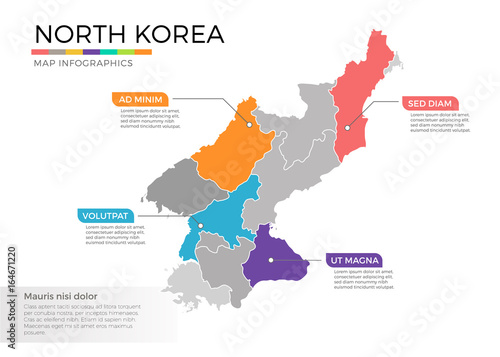 North Korea map infographics vector template with regions and pointer marks