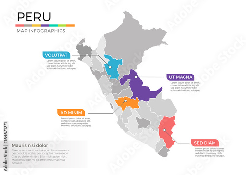 Peru map infographics vector template with regions and pointer marks