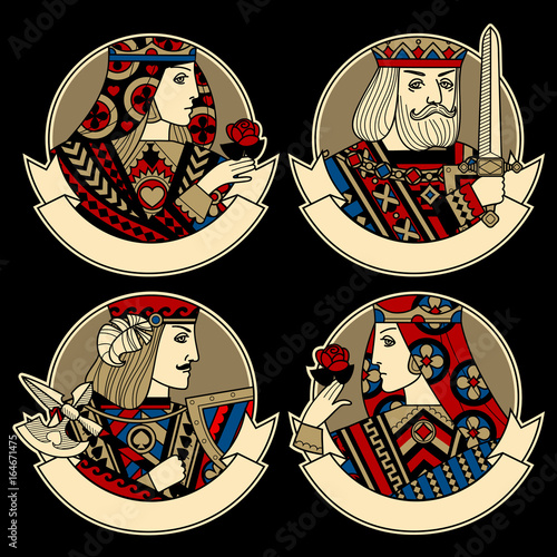 Round shapes with faces of playing cards characters and ribbons for text