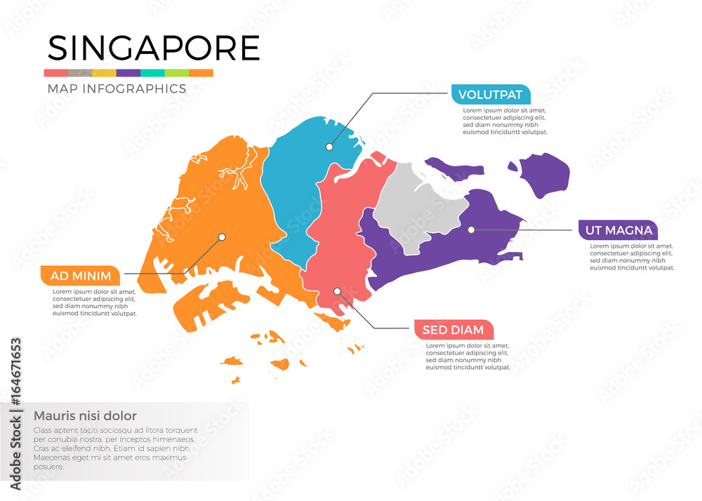 Singapore map infographics vector template with regions and pointer