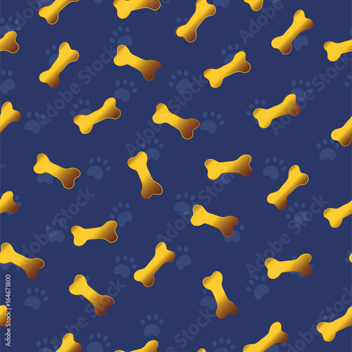 Seamless pattern with blue paws on dark blue background with gold cartoon bones.