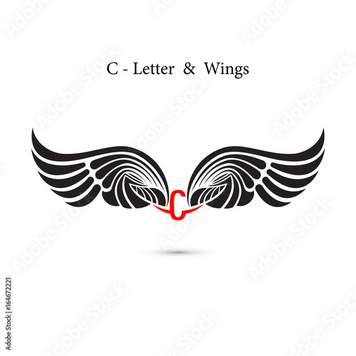 C-letter sign and angel wings.Monogram wing logo mockup.Classic emblem.Elegant dynamic alphabet letters with wings.Creative design element.Corporate branding identity.Flat web design wings icon.