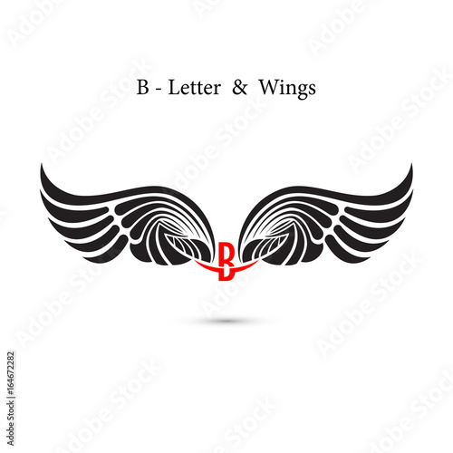 B-letter sign and angel wings.Monogram wing logo mockup.Classic emblem.Elegant dynamic alphabet letters with wings.Creative design element.Corporate branding identity.Flat web design wings icon.