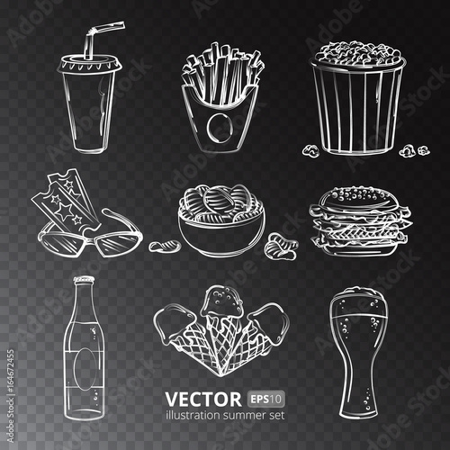 Fast food vector icons isolated on transparent background. Summer set illustrations - ticket, 3d glasses, ice cream, bottle, glass of beer, french fries, chips, popcorn and hamburger