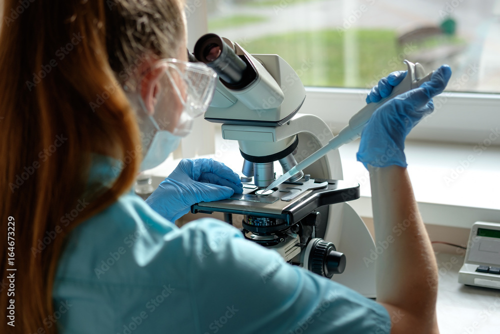 woman laborant working with microscope holding automatic pipette Stock ...