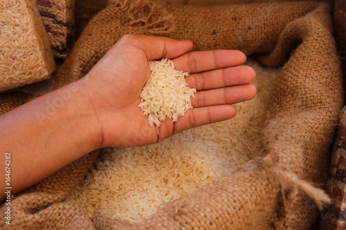Billede på lærred rice in woman hand with sack background