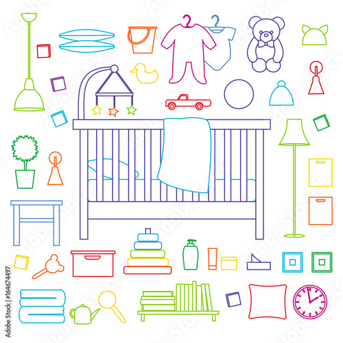 Vector collection of furniture of nursery. Outline illustration