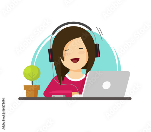 Happy woman working on computer vector illustration, flat carton girl works on laptop on workplace front view, idea of person sitting on working table place, employee or freelancer
