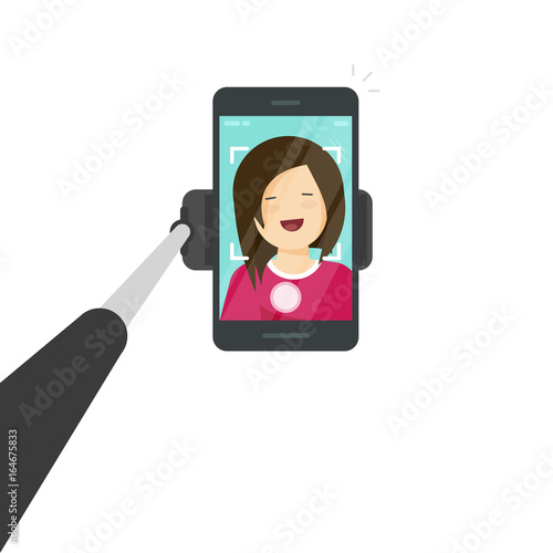 Selfie stick with smartphone vector illustration, flat cartoon mobile phone with selfie photo of happy girl or woman isolated on white background