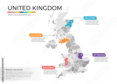 United Kingdom map infographics vector template with regions and pointer marks