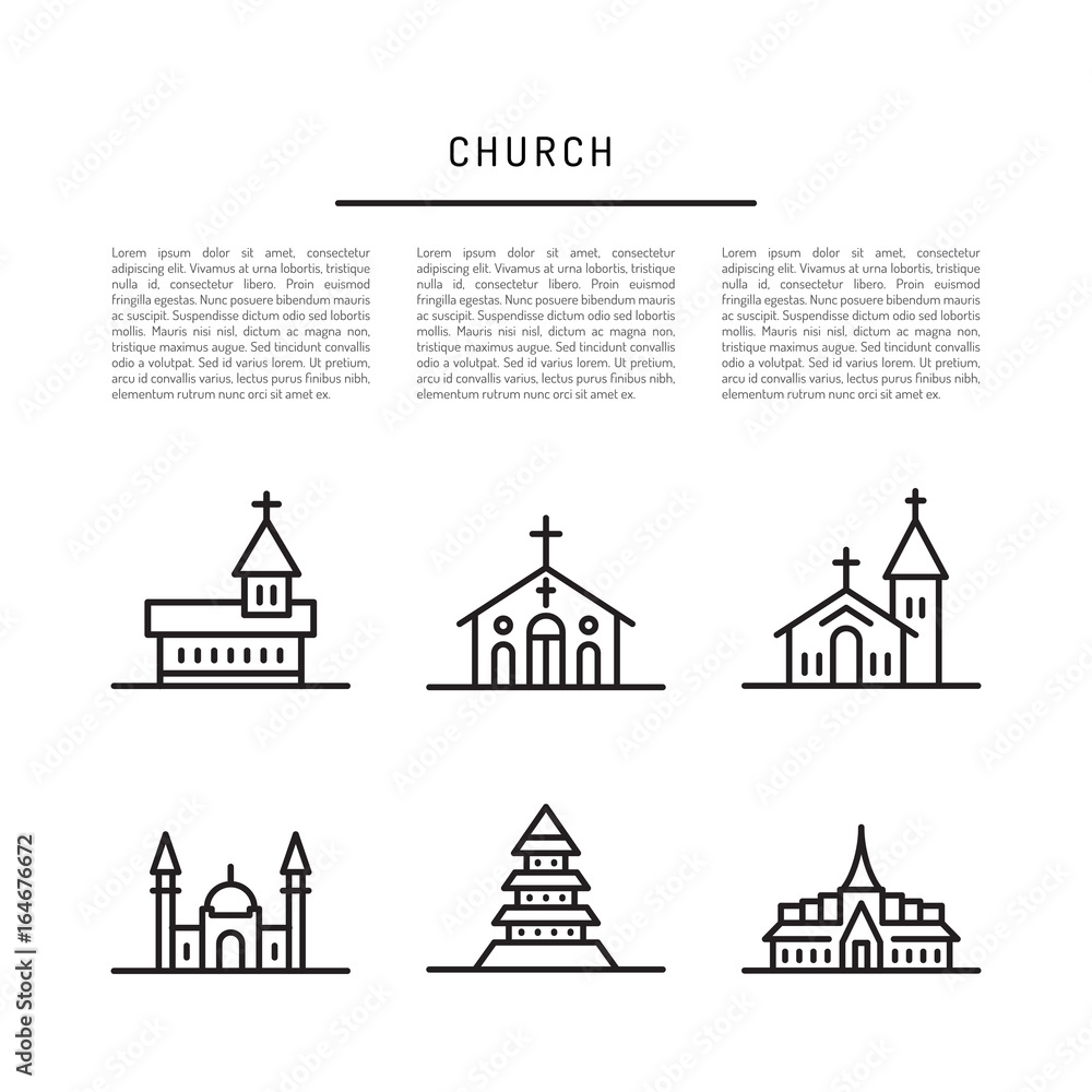 Set of vector icons of temples and churches of the major religions, solated on white background. Banner with place for text