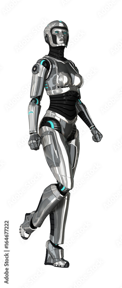 3D Rendering Female Cyborg on White