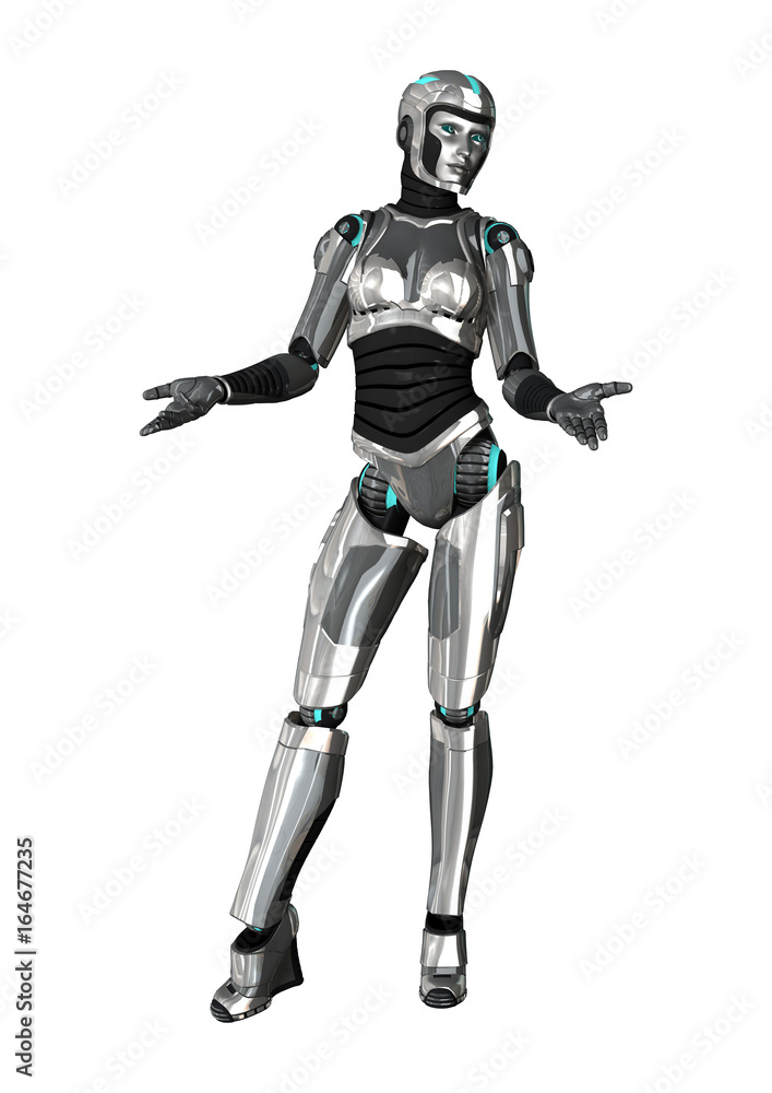 3D Rendering Female Cyborg on White