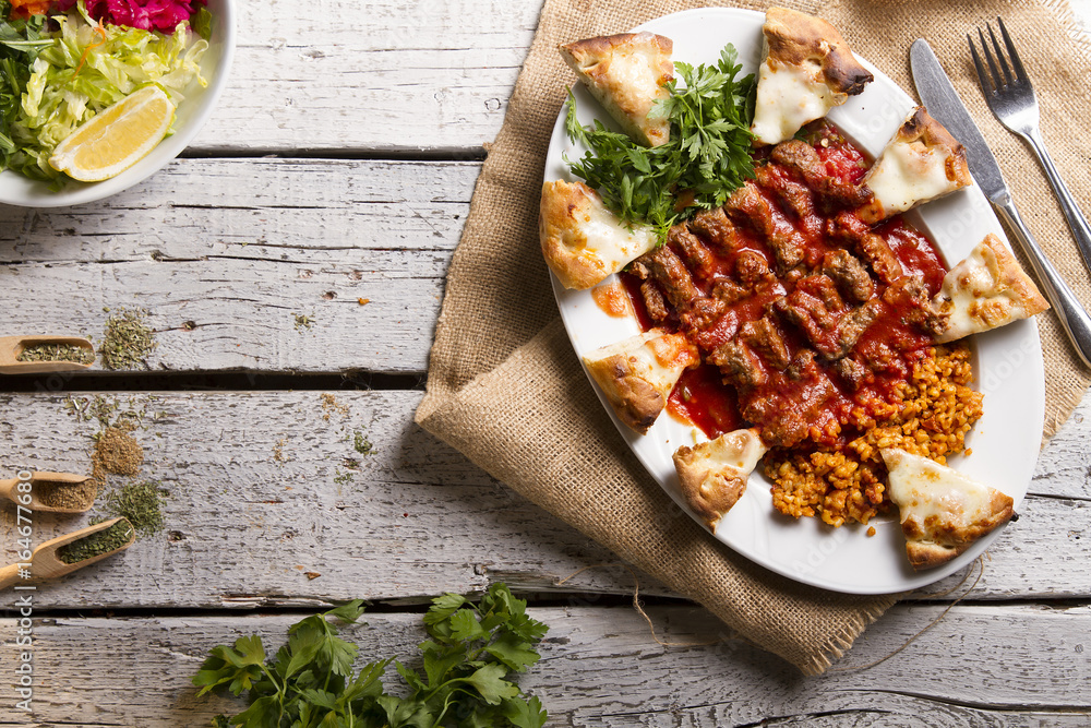 Turkish and Arabic Traditional Ramadan Iskender Adana Kofte Kebab with