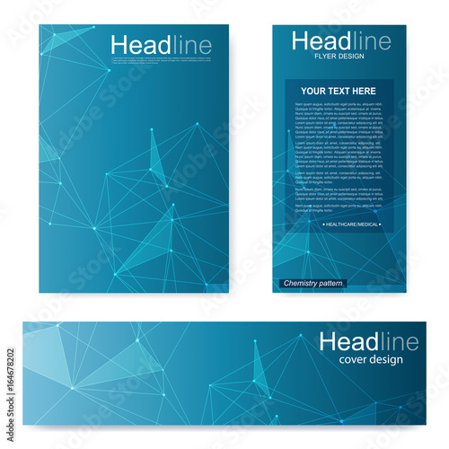 Set flyer, brochure size A4 template,banner. Molecular structure with connected lines and dots. Scientific pattern atom DNA with elements for magazine, leaflet, cover, poster design.