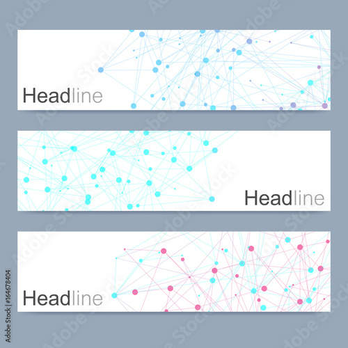 Scientific set of modern vector banners. DNA molecule structure with connected lines and dots. Science vector background. Medical, tecnology, chemistry design.