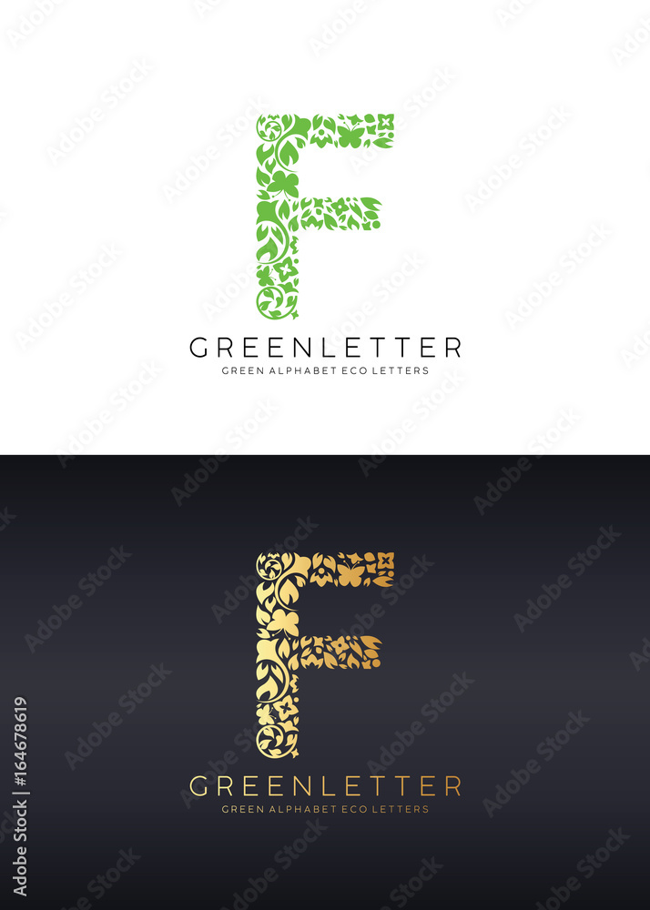 Green letter F logo template with green leafs. Eco design element. Vector illustration. 