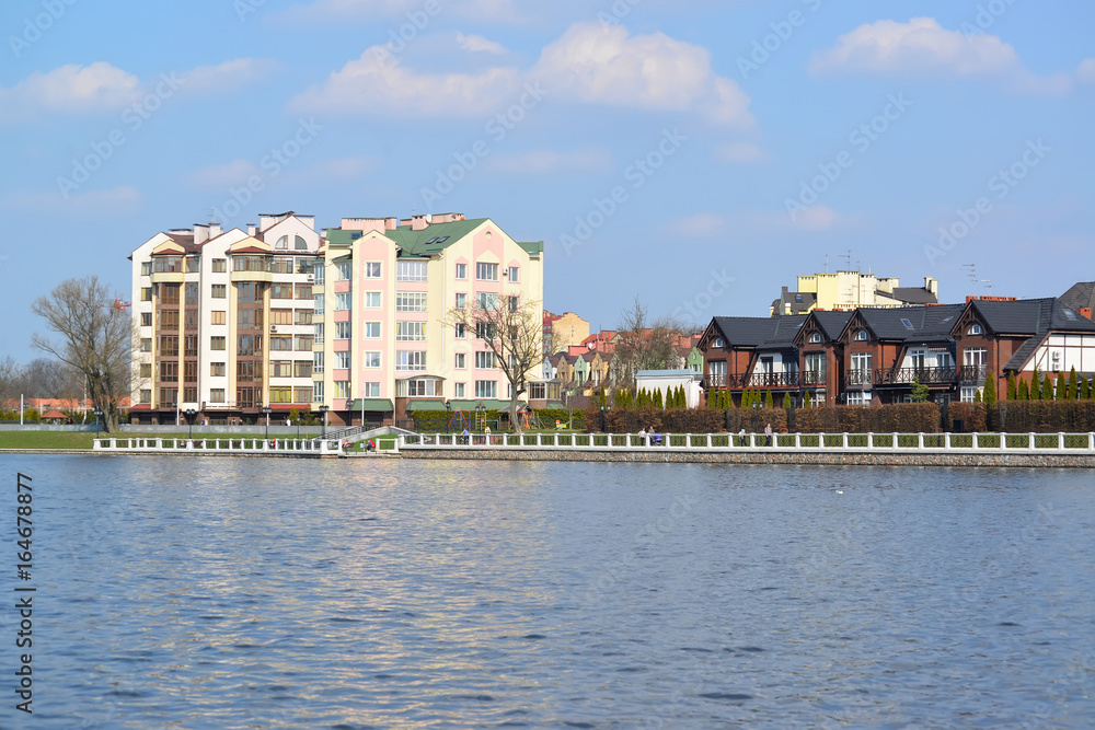 Urban view with new houses on the bank of the Top lake. Kaliningrad