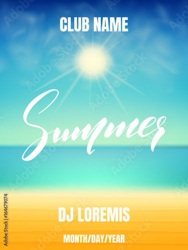 Summer beach party. Poster with ocean, blue sky and sun. Summer background with hand lettering
