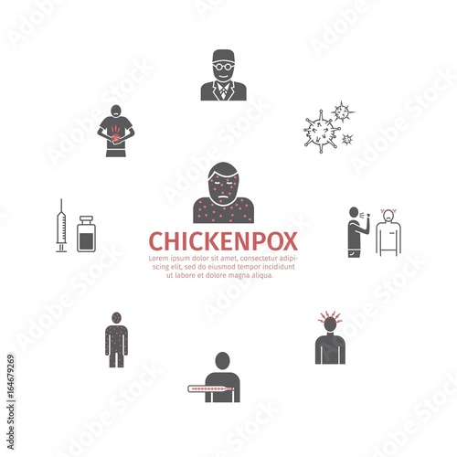 Chickenpox. Symptoms, Treatment. Icons set. Vector signs for web graphics.