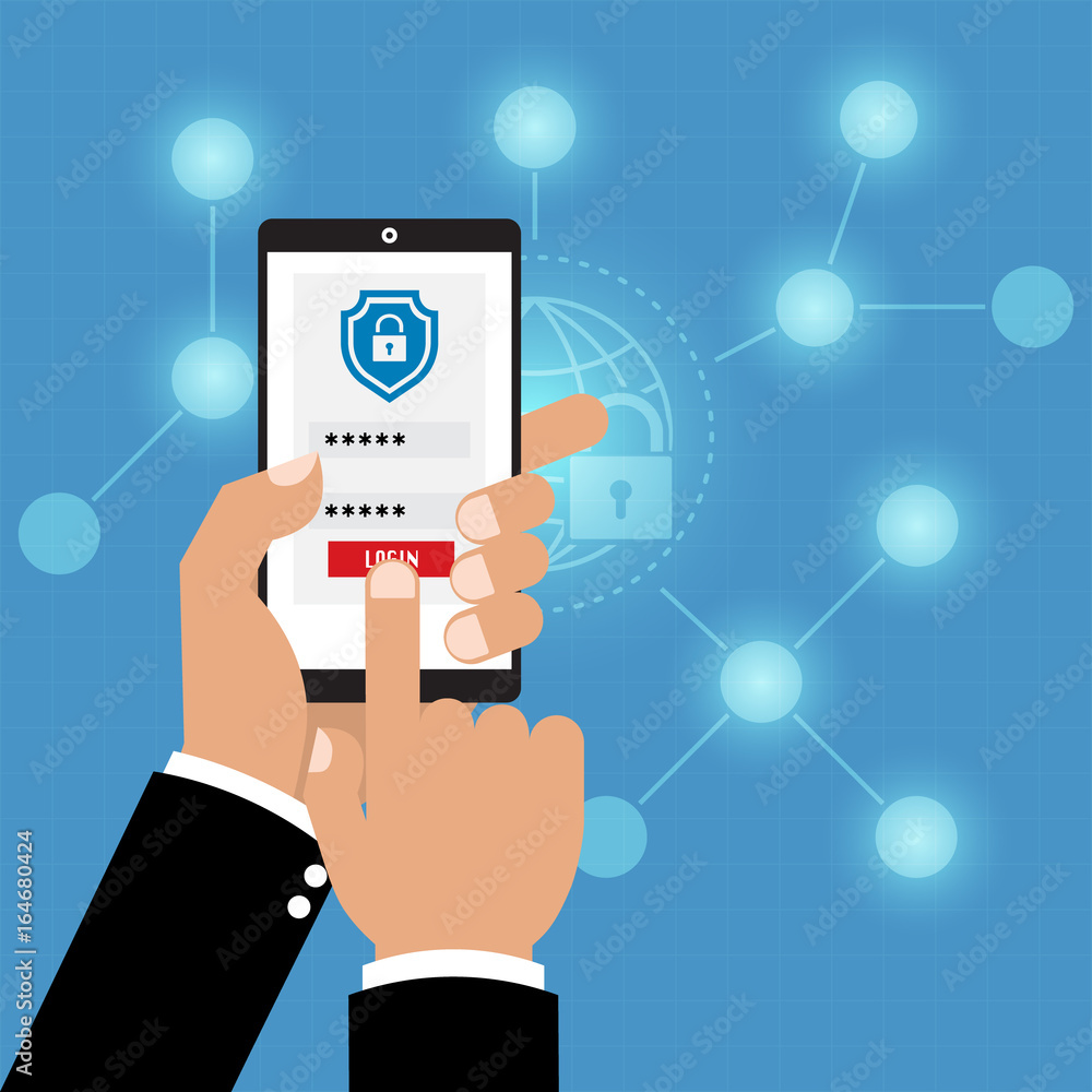 Authentication with phone security key and password login. Vector illustration muti factor authentication cyber security concept. Authentication with phone security key and password login. Vector illustration muti factor authentication cyber security concept.