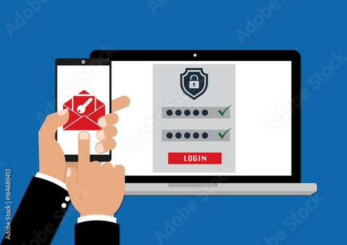 Two factor authentication with phone email security key and password login. Vector illustration muti factor authentication concept.