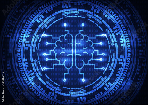 Artificial intelligence brain with ring gears on binary code background. Vector illustration technology abstract background.