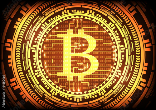 Abstract technology bitcoins logo with circuit line on binary code and gear gold background . Vector illustration bitcoin mining internet online technology concept.