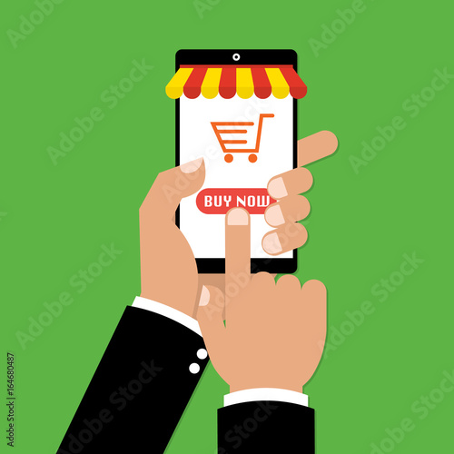Human hands using smartphone mobile for online payment. Vector illustration business online shopping concept design.