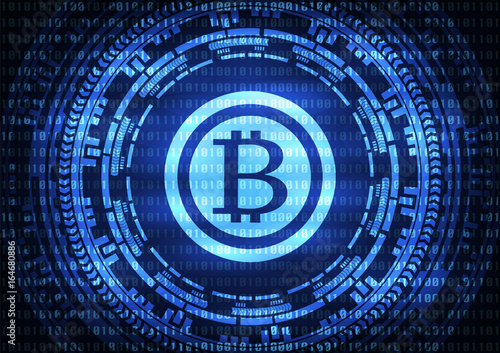 Abstract technology bitcoins logo on binary code and gear blue background . Vector illustration cybercrime and cyber security concept.