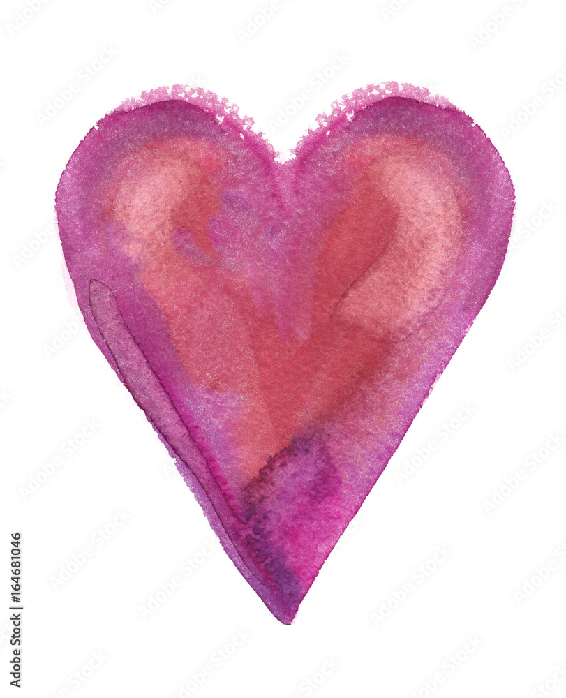 Red and purple simple heart shaped backdrop painted in watercolor on clean white background