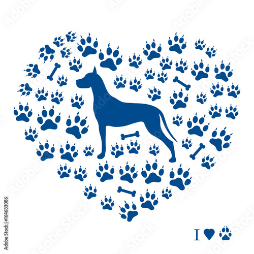 Nice picture of great dane silhouette on a background of dog tracks and bones in the form of heart.