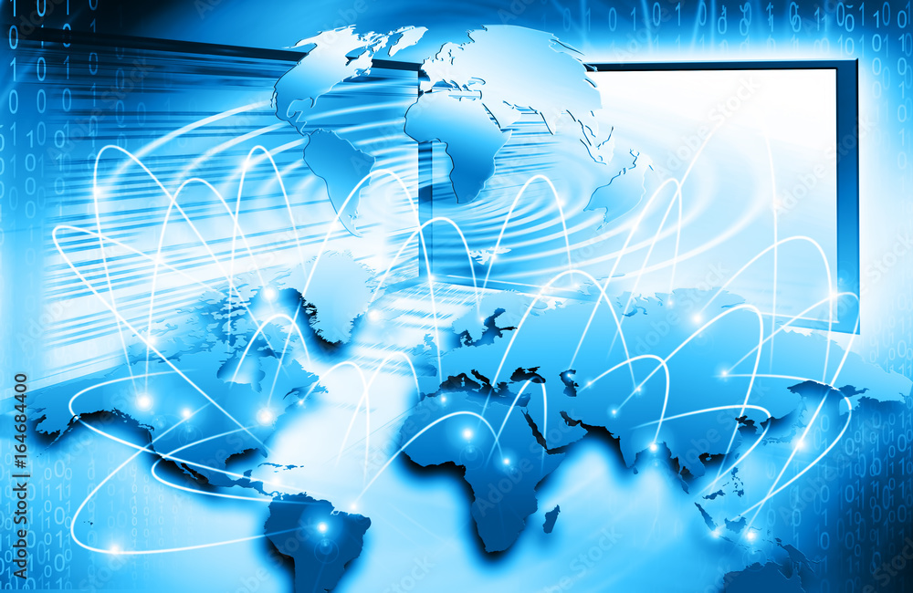 World map on a technological background, glowing lines symbols of the Internet, radio, television, mobile and satellite communications. World map on a technological background, glowing lines symbols of the Internet, radio, television, mobile and satellite communications.