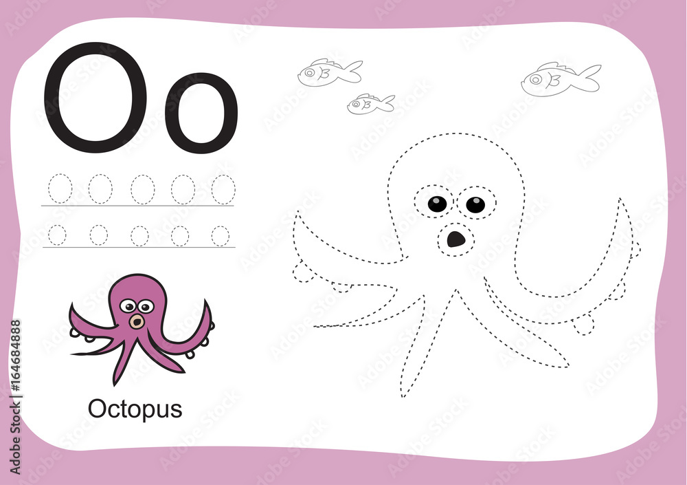 Fototapeta premium A to z, alphabet tracing worksheets,cartoon coloring book for kids, animal drawing free hand practice for pre school student. Ready for print paper ratio vector art. Letter ABC.