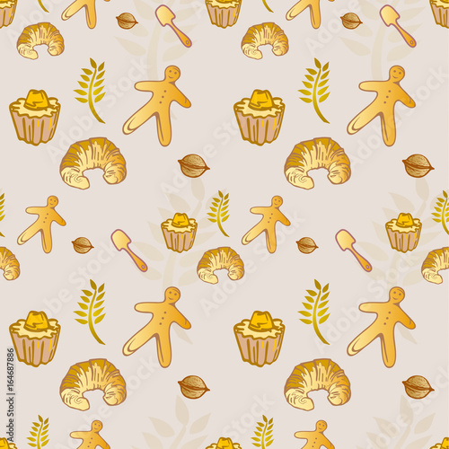 Motif Illustration Patisseries Viennoiseries Françaises Diverses - Croissant Brioche Petits Pains Blé Couleur Dorée