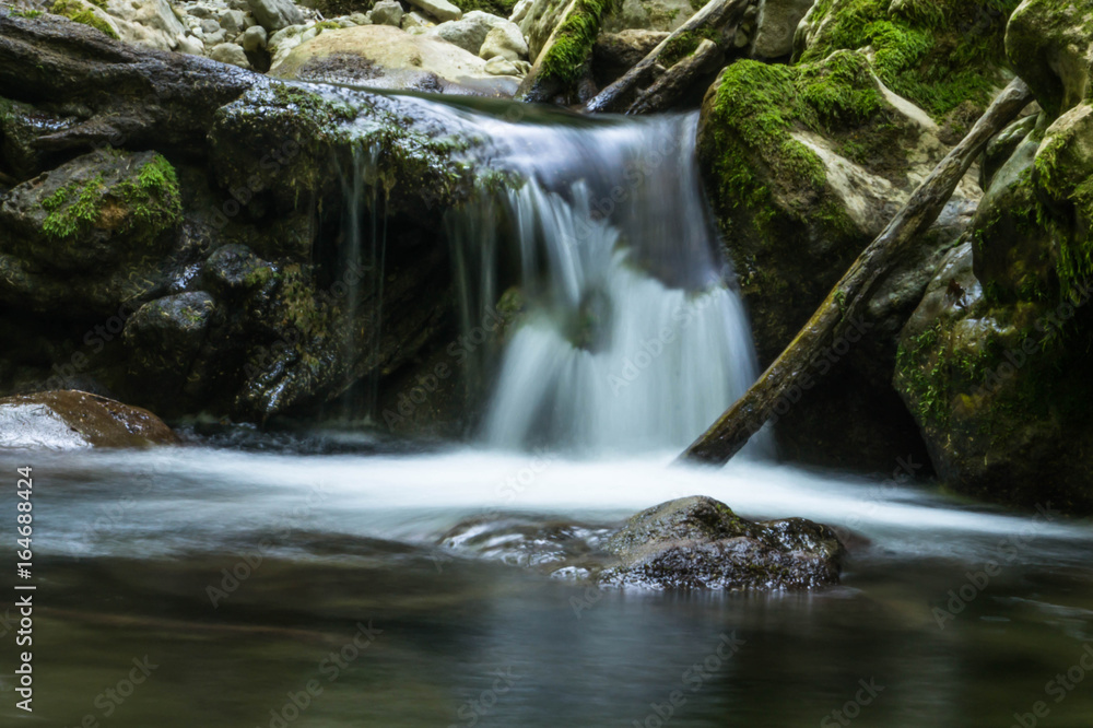 Obraz premium Cascade falls over mossy rocks