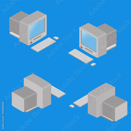 Isometric old computer in four positions
