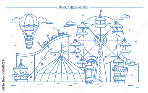 Nice horizontal banner of amusement park. Circus, ferris wheel, attractions, side view with aerostat in air. Monochrome line art vector illustration.