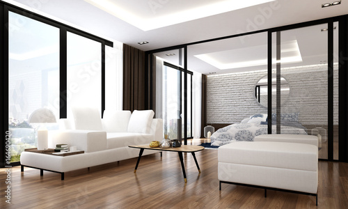 The 3D rendering interior of modern living room and service apartment design and white brick wall 