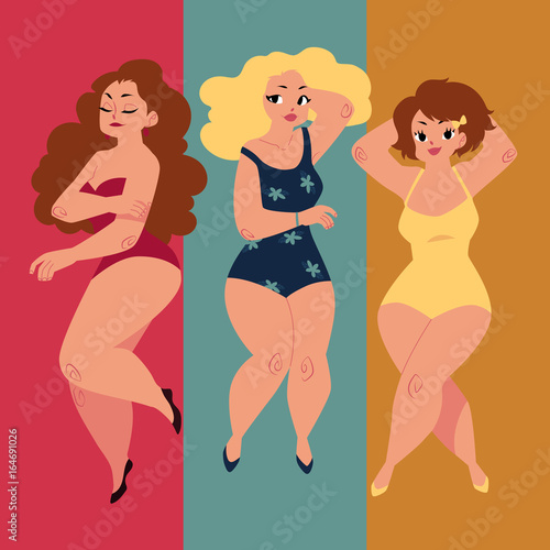 Three plump, curvy women, girls, plus size models in swimming suits lying, sunbathing on the beach, top view cartoon vector illustration. Beautiful plump, overweight women, girls in swimming suits