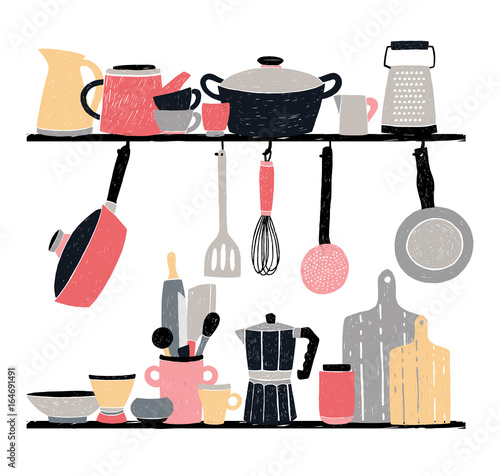 Kitchenware on shelf and table. stylized hand drawn vector illustration on white background.