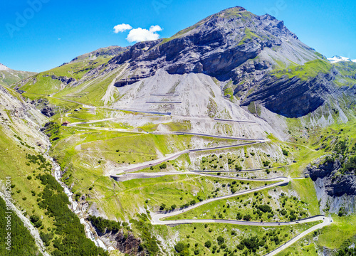 Stelvio National Park - Valle del Braulio - Vista aerea della strada e tornanti photo