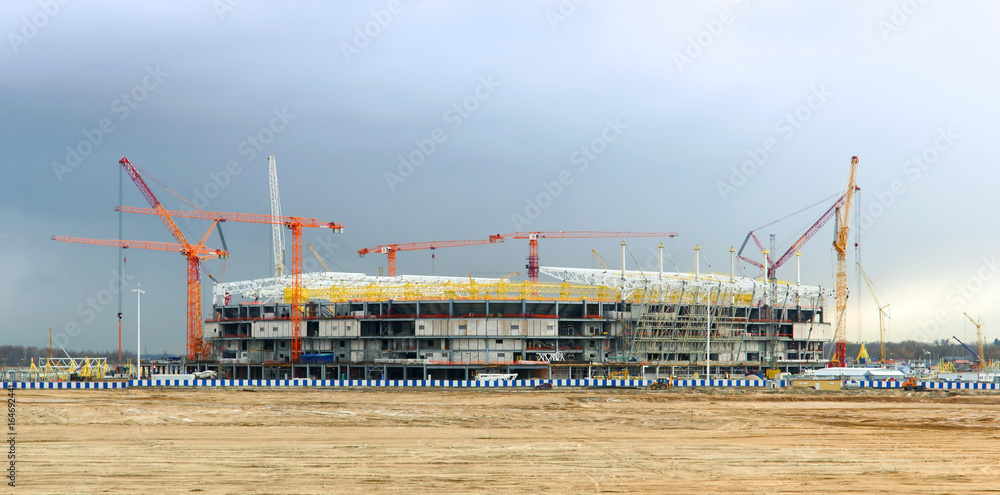 Naklejka premium construction, stadium, exterior, sports, crane, work, urban, industry, soccer
