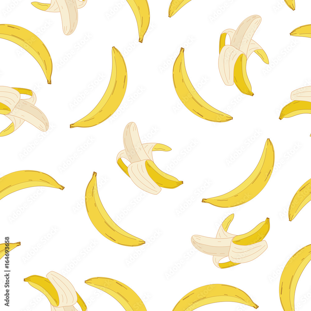 Vector banana pattern, cute seamless pattern. Tropical yellow fruit on a white background.