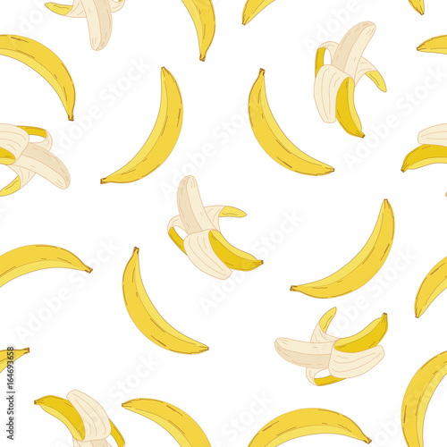 Vector banana pattern, cute seamless pattern. Tropical yellow fruit on a white background.