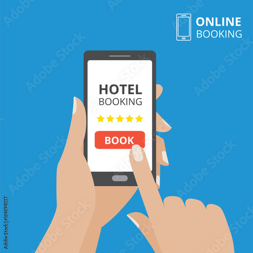 Design concept of hotel booking online. Hand holding smartphone with book button on screen