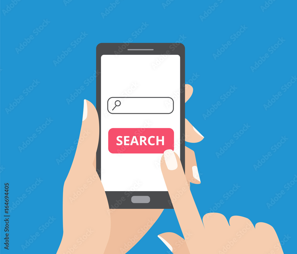 Hand holding smartphone and touching the screen with search bar and search button. Hand holding smartphone and touching the screen with search bar and search button.