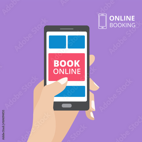 Hand holding smartphone with book button on screen. Concept of online booking mobile application.