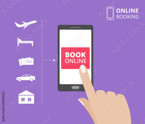 Hand holding smartphone with book button on screen. Online booking design concept. hotel, flight, car, tickets.