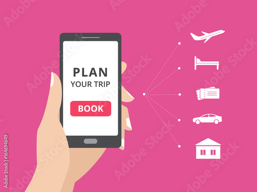 Hand holding smartphone with book button on screen. Online booking design elements, hotel, flight, car, tickets